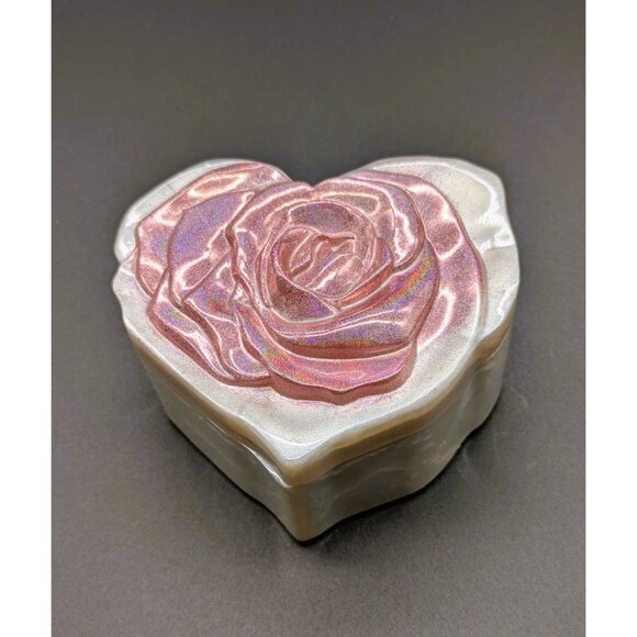 Handmade Iridescent Pink Rose Heart-Shaped Resin Trinket Box NEW - Picture 2 of 8